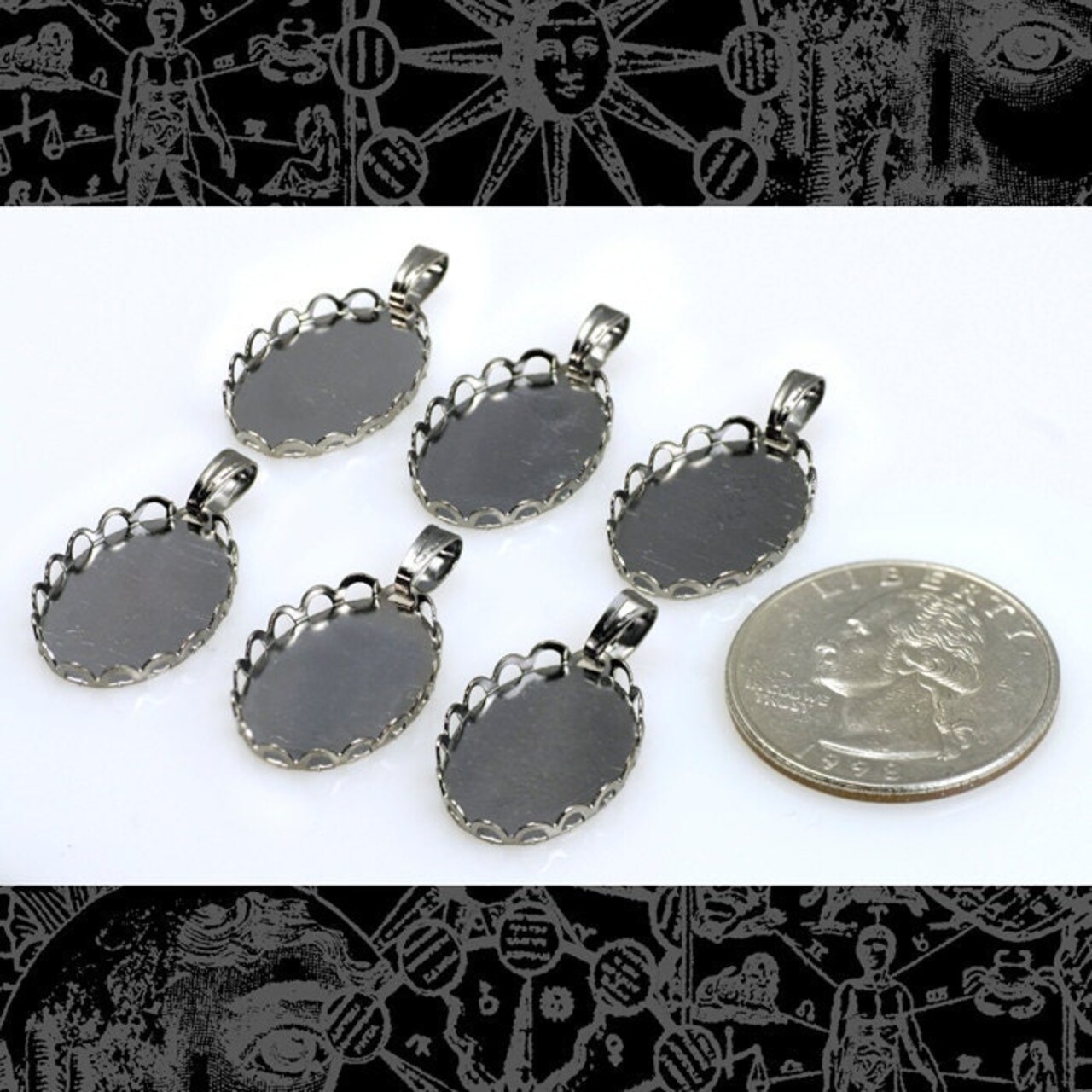 Gunmetal Antiqued Brass Cameo Frames for 13mm x 18mm with Hanging Loops - Set of Six - S-F13